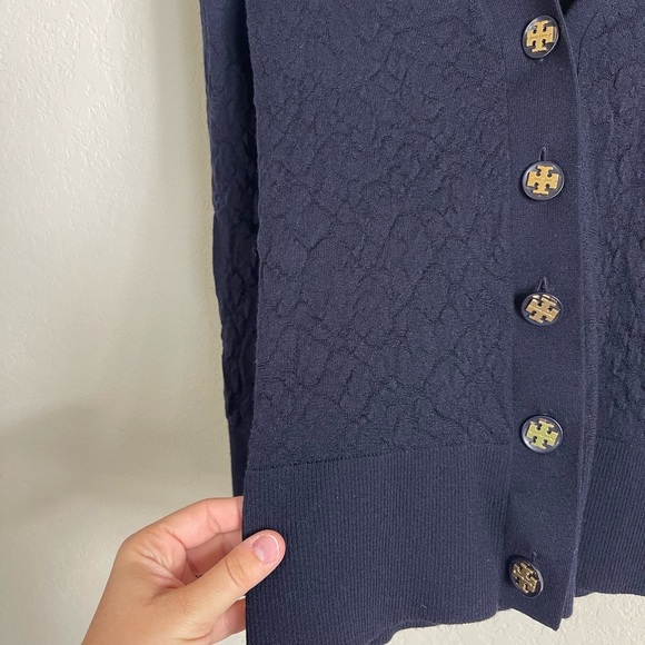 Tory Burch Wool Crinkle Simone Cardigan Navy Blue Size Small - Picture 8 of 9